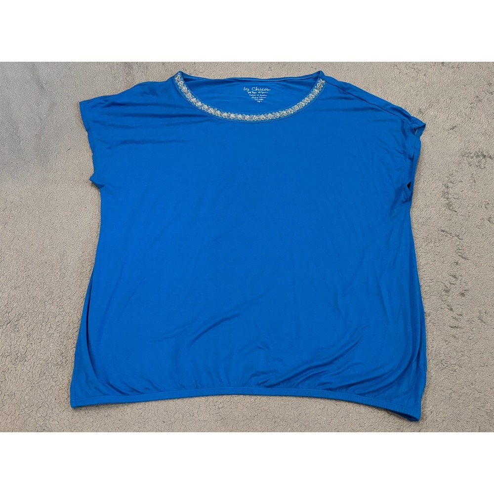 Chicos Royal Blue Beaded Neckline Short Sleeve Blouse Size 3 Large XL